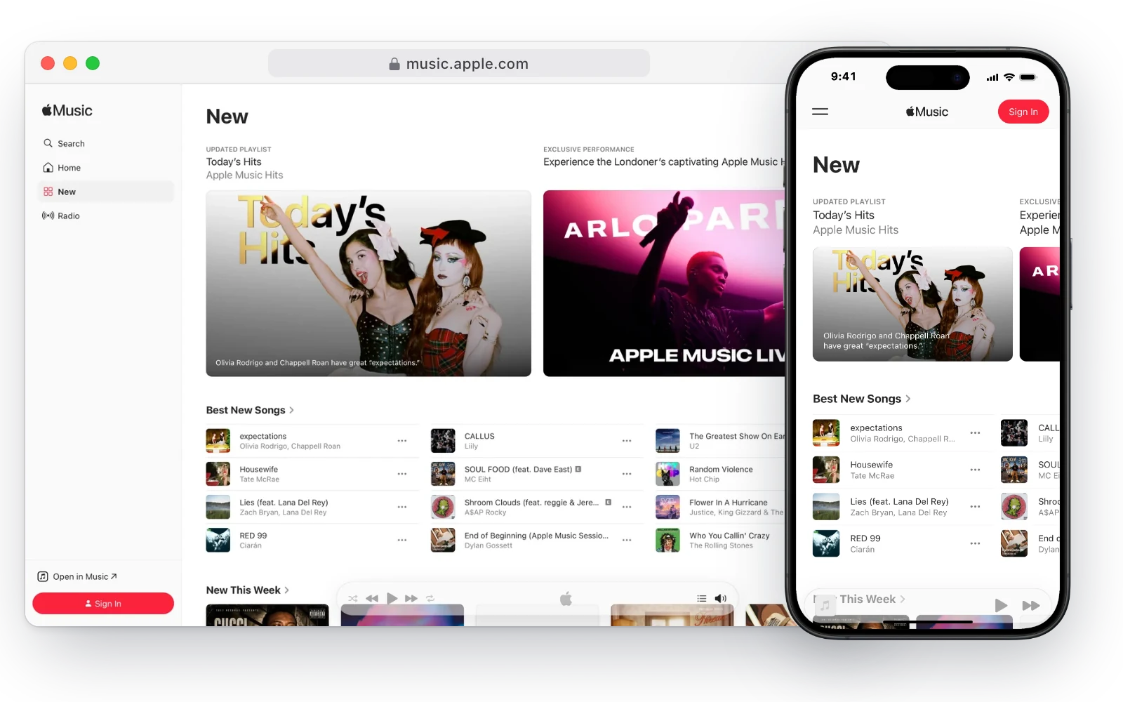 Apple Music's web player in a desktop browser and on an iPhone, with new music, featured playlists and best new songs