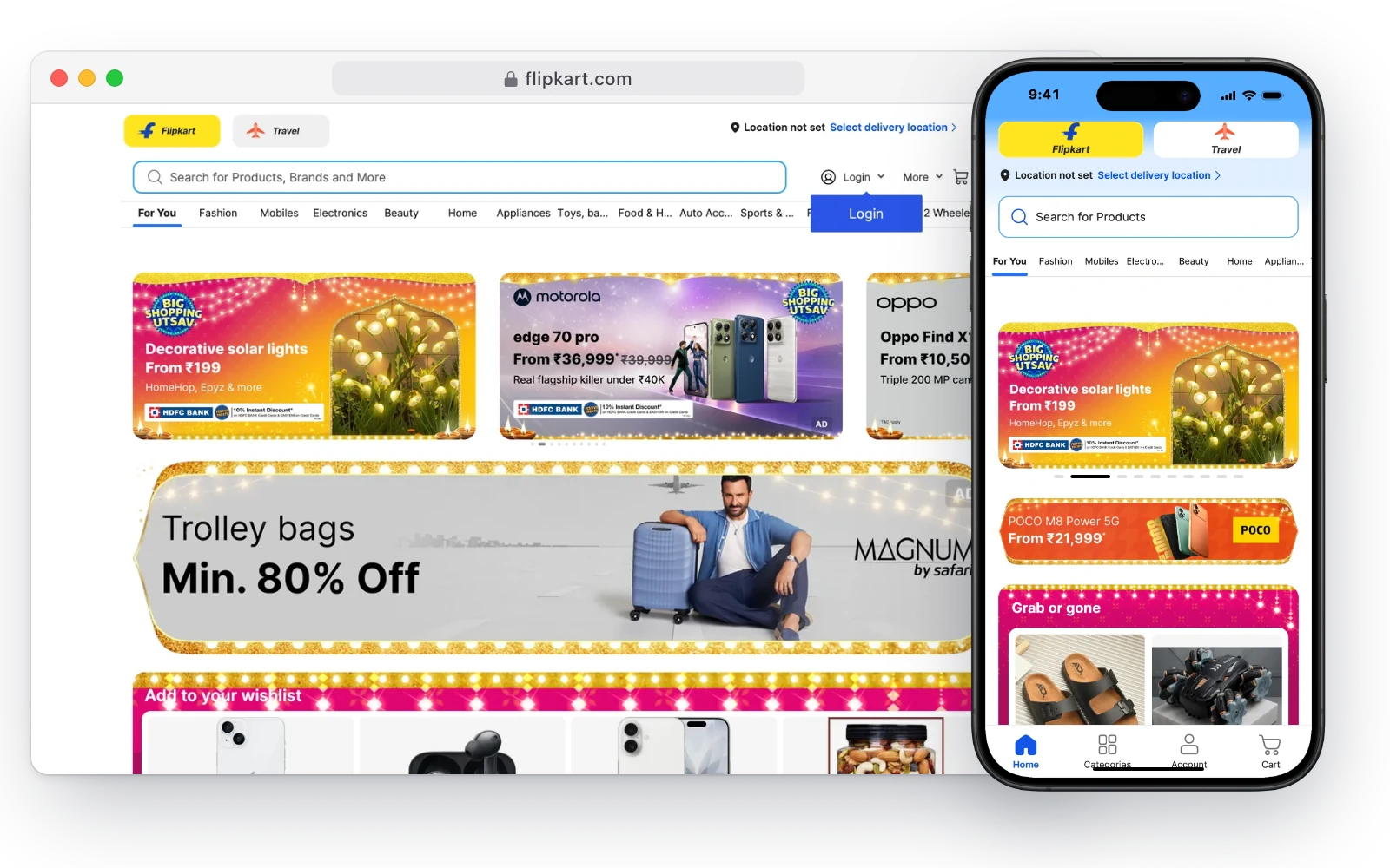 Flipkart's online store in a desktop browser and on an iPhone, with deals on phones, solar lights and travel bags