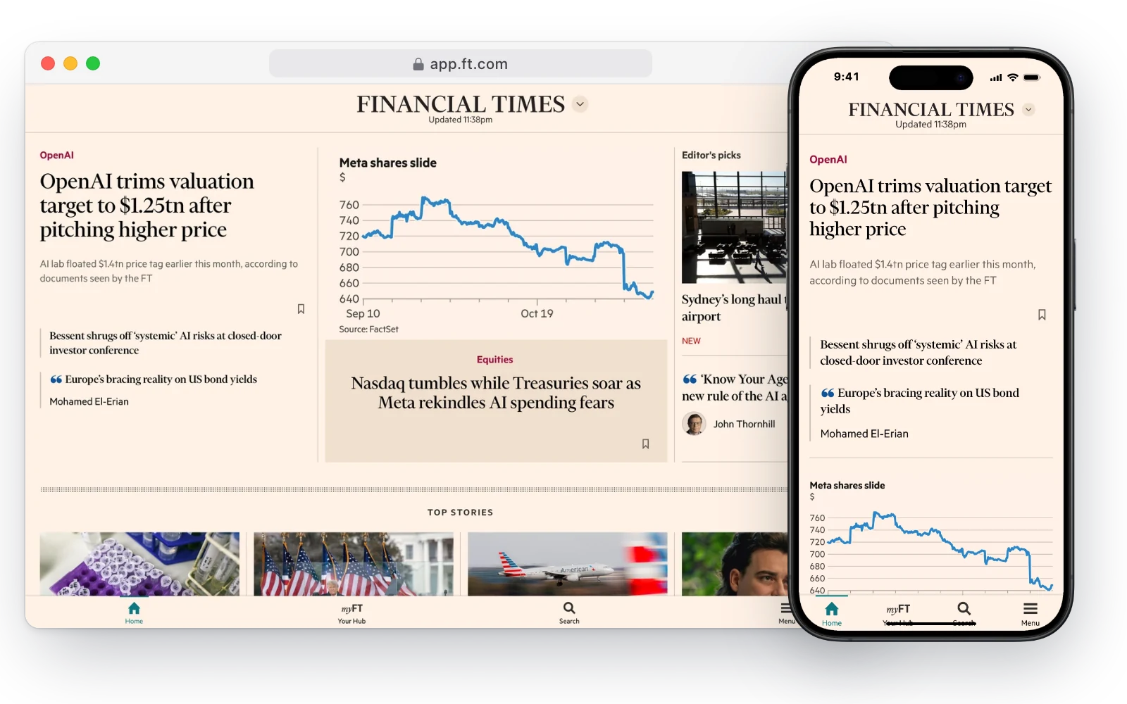 The Financial Times web app in a desktop browser and on an iPhone, with the day's top stories and a share price chart