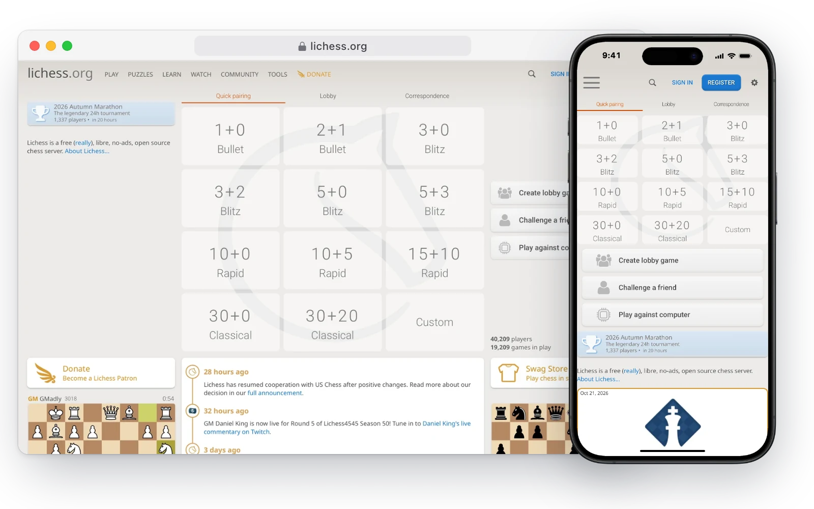 Lichess in a desktop browser and on an iPhone, with quick game options like 3+2 Blitz and 10+0 Rapid