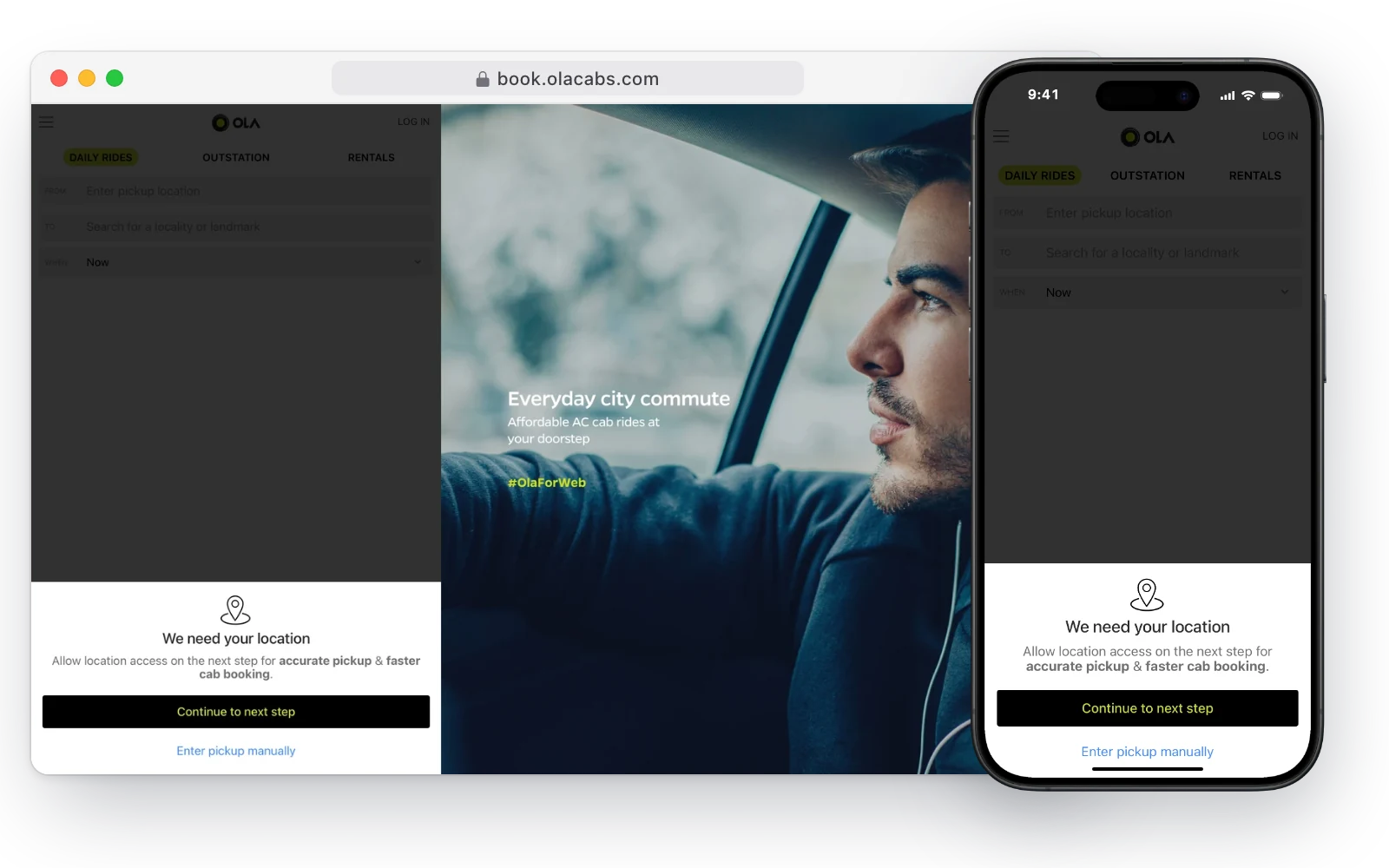 Ola's booking web app in a desktop browser and on an iPhone, asking for location access to set a pickup point