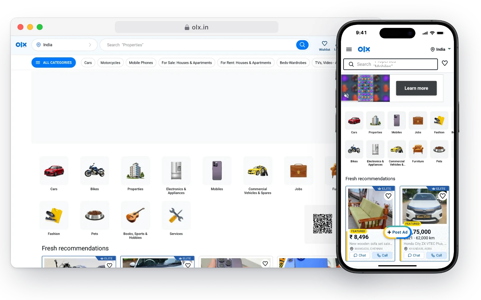 OLX India's classifieds site in a desktop browser and on an iPhone, with categories for cars, bikes, properties and mobiles