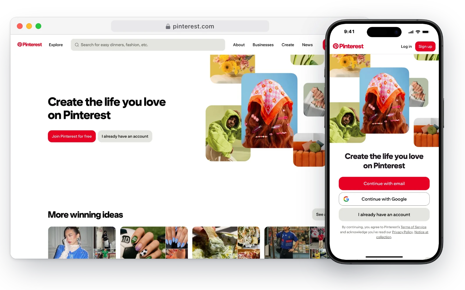 Pinterest's website in a desktop browser and on an iPhone, with the headline Create the life you love on Pinterest and a collage of pins