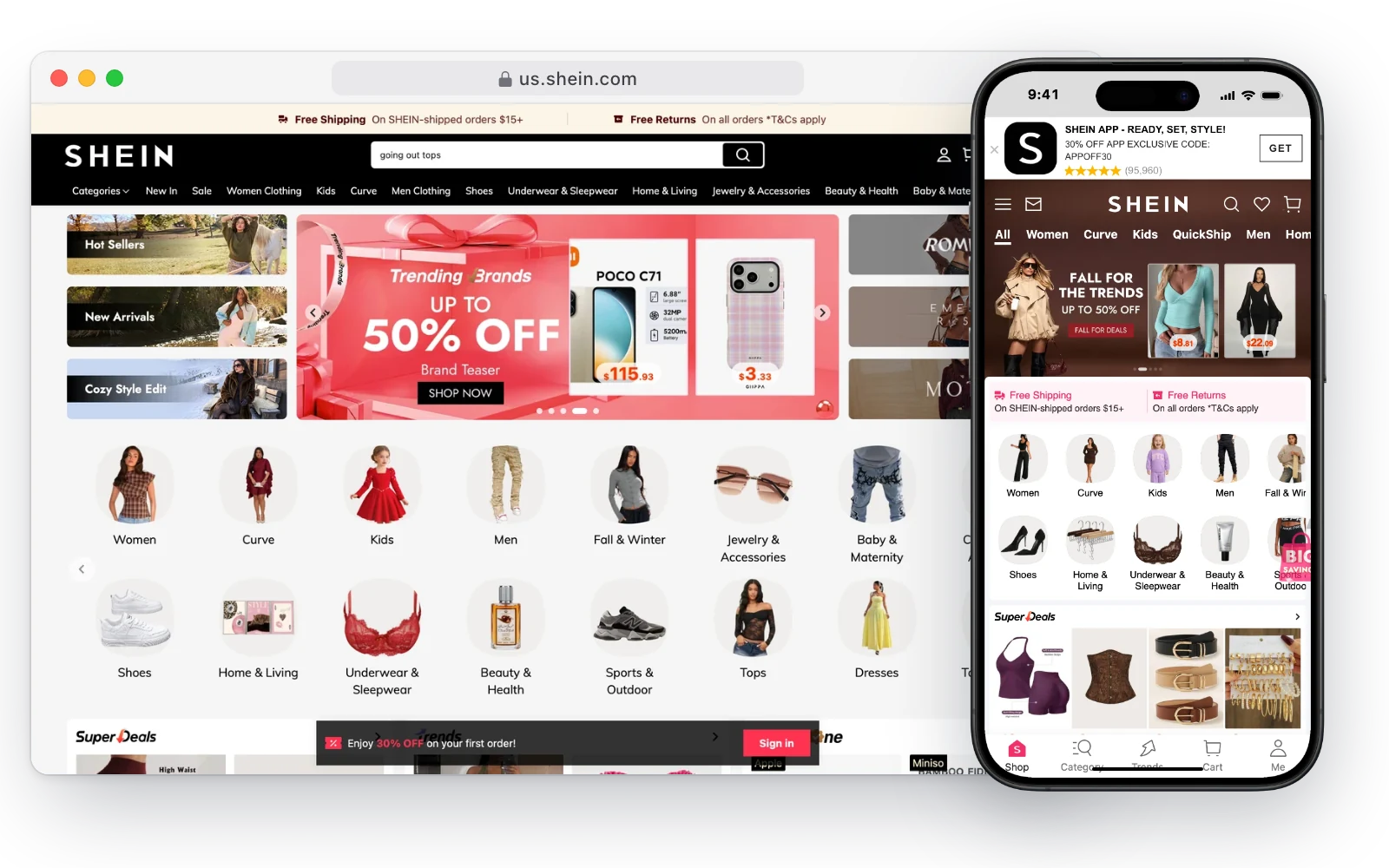 SHEIN's website in a desktop browser and on an iPhone, with fall fashion banners, product categories and a bottom bar for Shop, Category, Trends, Cart and Me