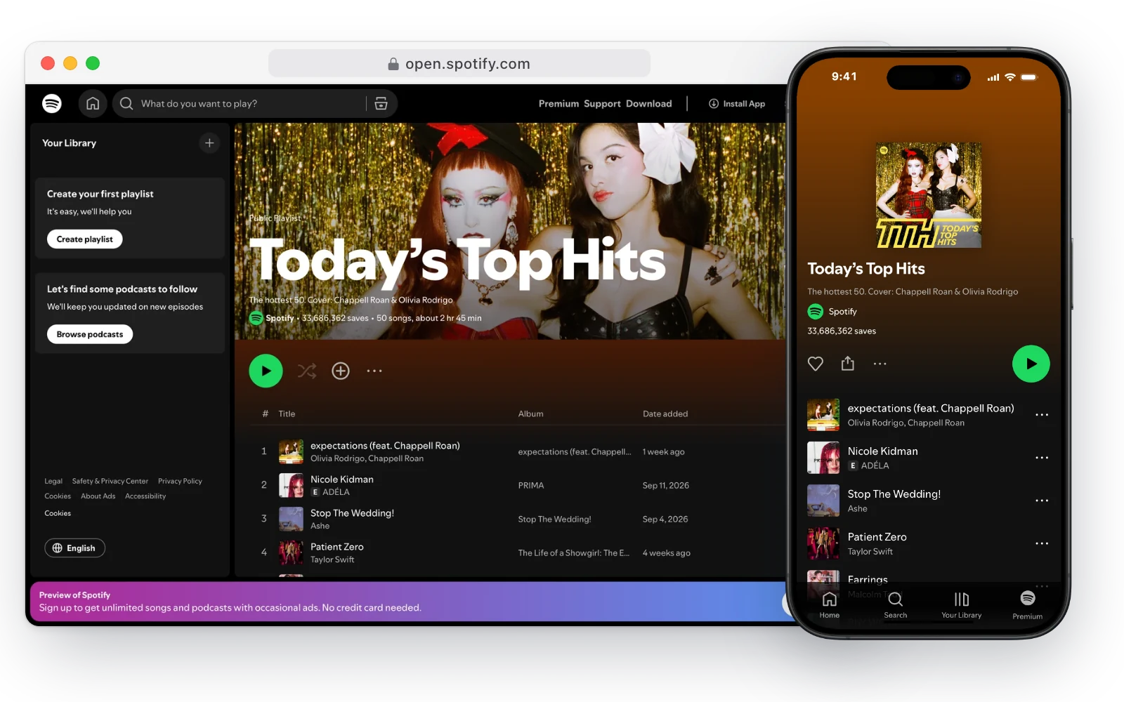 Spotify's web player in a desktop browser and on an iPhone, showing the Today's Top Hits playlist