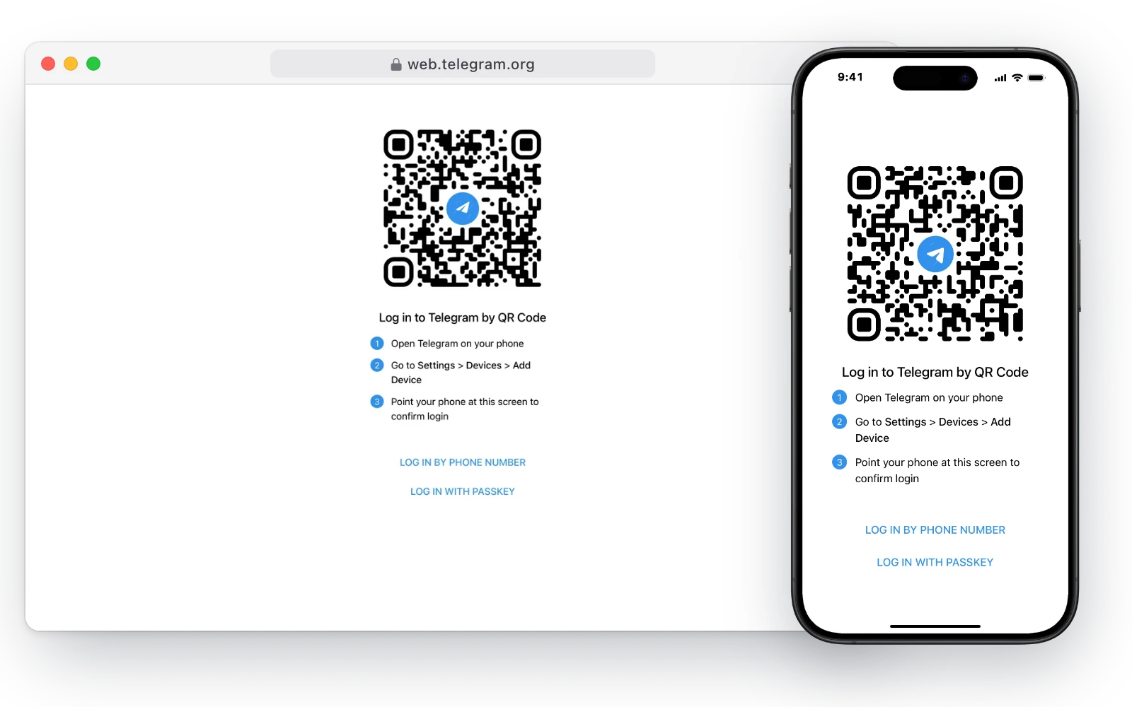 Telegram Web's sign-in screen in a desktop browser and on an iPhone, with a QR code for logging in from a phone