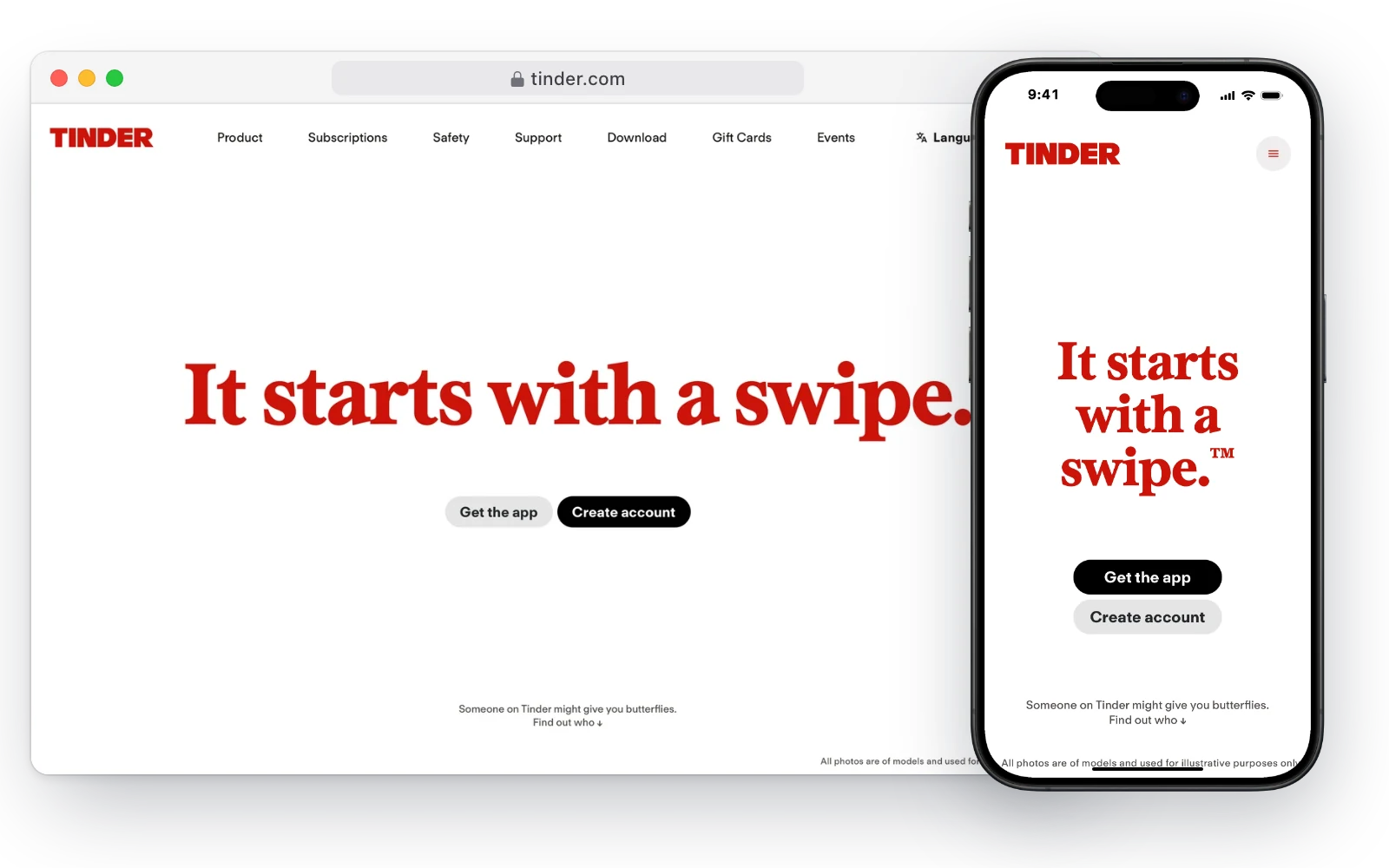 Tinder's website in a desktop browser and on an iPhone, with the headline It starts with a swipe