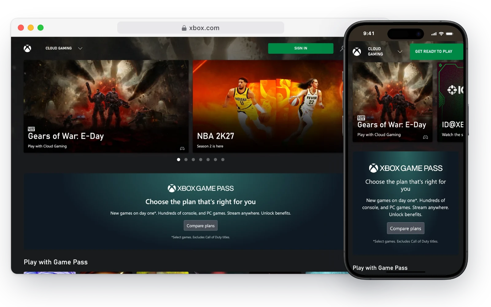 Xbox Cloud Gaming in a desktop browser and on an iPhone, with games like Gears of War: E-Day and a Game Pass offer