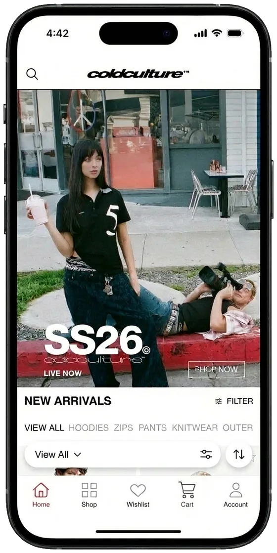 Cold Culture's app, with its SS26 drop and new arrivals